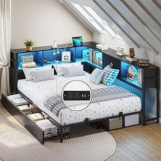 DICTAC Full Corner Bed Frame with Bookcase Storage and Led Lights Metal Platform Bed Frame Full Size with Storage Drawers & Charging Station Full Size Daybed for Teen/Adult,No Box Spring Needed,Black