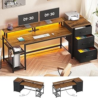 SEDETA 59" Office Desk with Drawers, Reversible Computer Desk with File Drawers & Storage, Gaming Desk with LED Lights & Power Outlet, Home Office Desks for Printer, Rustic Brown