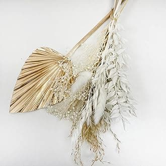 Gold White Dried Flowers Bouquet for Room Decor and Cake - 8 Stems 2 Whisk Pampas Bunny Tail 1 Oats Ruscus Dream Star Flower Golden Palm Leave, 25 x 16 x 2.5 cm