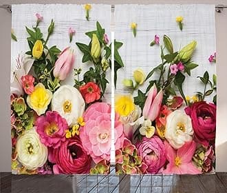 Ambesonne Rustic Curtains, Bunch of Flowers Ranunculus on Wood Backdrop Rose Floral Arrangement Spring Pattern, Living Room Bedroom Window Drapes 2 Panel Set, 108" X 96", Pink Grey
