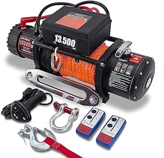 Winch13500lbs 12V WaterproofElectric Winch Synthetic Rope Truck Winch Towing Winch Boat Trailer Winch SUV 4-Wheel Drive Off-Road Vehicle with Remote Control 3/8 Synthetic Rope (Dark-Orange)