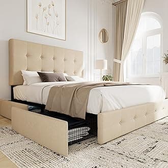 Upholstered Full Size Platform Bed Frame with 4 Storage Drawers and Headboard, Square Stitched Button Tufted, Mattress Foundation with Wooden Slats Support, No Box Spring Needed, Beige