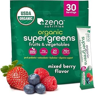 Organic Super Greens Powder, 70+ Superfoods, 0 Sugar, 3g Fiber, Spirulina, Chlorella, Mushrooms, Prebiotics/Probiotics, Digestive Enzymes, Gut Health, Mixed Berry, 30 Drink Mix Packets