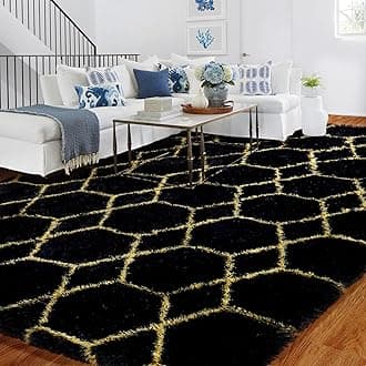 Geometric Rug for Living Room, 240x300 Large Black and Gold Bedroom Area Rugs for Kids Baby Room, Nursery, Dorm, Lounge Decor, Thick Soft Fluffy Plush Non-slip Floor Carpet