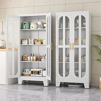 Metal Kitchen Pantry Storage Cabinet,Food Pantries Cabinets with Acrylic Glass Doors and Adjustable Shelves,Storage Cupboard for Kitchen, Living Room, Laundry Room and Dinning Room 61.02”H