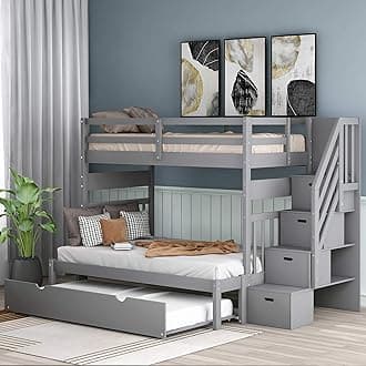 SOFTSEA Twin Over Twin Bunk Beds with Trundle, Wood Kids Bunk Bed with Stairs, Convertible Bottom Bed, No Box Spring Needed (Gray)