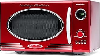 Nostalgia Retro Microwave Oven, 900 Watts with 5 Power Levels, 12 Pre-Programmed Cooking Settings, Turntable, Digital Clock, 25 Liters, Red
