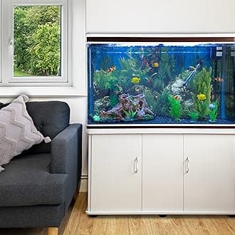 MonsterShop Large Fish Tank White 4ft 300L 65 Gal Aquarium Marine Tropical Saltwater Freshwater. White Cabinet Storage Stand. Blue Gravel. Filter, Air Pump, Heater, LED Light Tank Accessories…