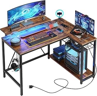 Gaming Desk with Power Outlets, 42" L-Shaped Gaming Desk with LED Lights, Desk with Reversible Storage Shelves & Hooks for Small Spaces, Bedrooms & Offices,Rustic Brown