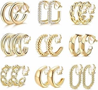 9 Pairs Clip on Earrings for Women 14K Gold Plated Chunky Hoop Clips Earring Trendy Clip on Hoop Earrings for Women Non-Pierced Fake Jewelry