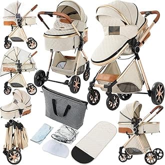 2 in 1 Baby Stroller, Convertible Pram, Reversible Standard Stroller, Portable Baby Buggy, Infant Carriage, Foldable High Landscape Pushchair for Toddler Newborn (225 Creamy White)