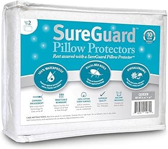 Set of 2 Queen Size SureGuard Pillow Protectors - 100% Waterproof, Bed Bug Proof, Hypoallergenic - Premium Zippered Cotton Terry Covers