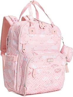 BabbleRoo Diaper Bag Backpack - Baby Essentials Travel Tote - Multi Function Water Resistant Diaper Bag, Travel Essentials Baby Bag with Changing Pad, Stroller Straps & Pacifier Case - Pink Birdy