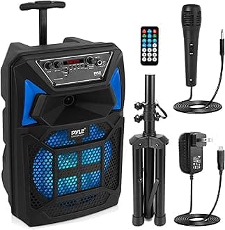 Pyle Bluetooth PA Speaker & Microphone System - Portable Karaoke Speaker with Wired Mic, Built-in LED Party Lights, FM Radio, MP3/USB/Micro SD Readers, Speaker Stand (8’’ Subwoofer, 400 Watt MAX)
