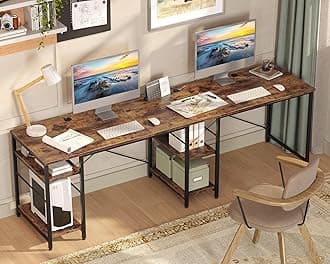 L Shaped Desk, 2 Inch Reversible Corner Computer Desk with Shelves, Long Desk for 2 People for Home Office, Large Writing Storage Workstation with 3 Holes for Cables, Rustic Brown