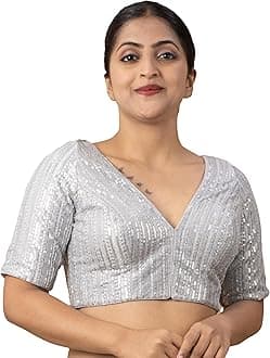 Women's Sequin V Neck Elbow Half Sleeve Readymade Saree Blouse E1