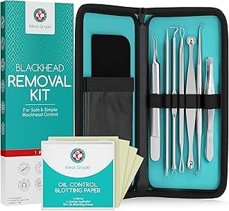 Blackhead Remover Tools - Effective Spot Treatment Popping Kit for Acne Prone Skin - 7 Skincare Tools with 50 Sheets of Oil Absorbing Blotting Paper, Pimple Popper Spot Treatment Kit