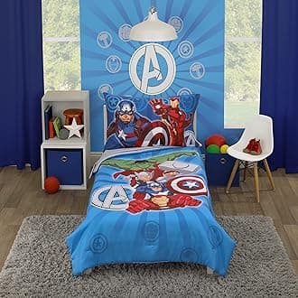 Disney Marvel Avengers Team Blue, Red, and Green Hulk, Captain America, Iron Man, and Thor 4 Piece Toddler Bed Set - Comforter, Fitted Bottom Sheet, Flat Top Sheet, and Reversible Pillowcase