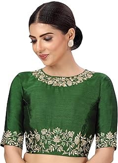 Studio ShringaarWomen's Readymade Art Silk Embroidered Saree Blouse with Elbow Length Sleeves