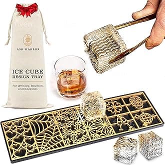Clear Ice Cube Maker Design Tray - Craft Modern Ice Molds for Bourbon & Cocktails in 5 Seconds - Whiskey Mold Cube Stamp – Bartender Accessories - Copper Ice Press Cocktails by Ash Harbor (Holidays)