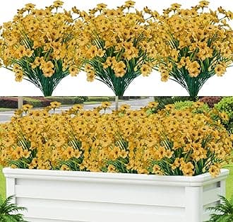 Lnoicy 12 Pcs Artificial Flowers for Outdoor,Plastic Flowers Decoration, UV Resistant Faux Flowers Shrubs, Artificial Plants for Indoor Outside Garden Home Wedding Farmhouse(Yellow)