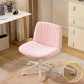VINGLI Criss Cross Legged Chair,Wide Comfy Office Desk Chair,Dual-Use with/no Wheels Computer Task Chair,Swivel Armless Vanity Boucle Chair for Study,Make Up,Home Office,Teddy Fleece,Pink
