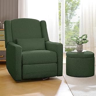 Power Recliner Chair Swivel Gilder Rocking Chairs Skin-Friendly Power Recliner Nursery Chair for Adults with Waist Pillow, USB Charging, Ottoman (Dark Green, Recliner Chair with Ottoman)