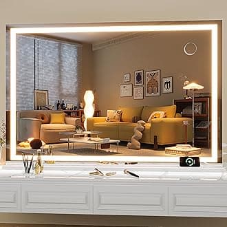 Hasipu Vanity Mirror with Lights, 130 x 90cm LED Makeup Mirror, Lighted Makeup Mirrors with Dimmable 3 Modes, Touch Screen Control Vanity Mirrors Square White