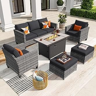 ovios 6 Pieces Patio Furniture Set with Fire Pit Table, Outdoor Wicker 3-Seat Sofa with Comfy Cushion, High Back Rattan Conversation Set for Deck Porch, Black
