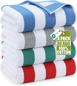 Pack of 4 Cabana Beach Towels, Oversized 30 x 60 Inches Cotton Beach Towel Set, Smooth Ring Spun Texture for Pool and Swim Days, Modern Striped Design Bath Towels