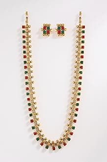 I Jewels 18K Gold Plated Traditional South Indian Stylish Multicolour Stone Work Long Necklace With Earrings For Women & Girls (MC041)