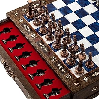 15” Handmade Wooden Storage Chess Set – Handmade Wooden Chess Board with Metal Pieces – Luxury Chess Gift for Adults, Decorative & Collectible (Blue)