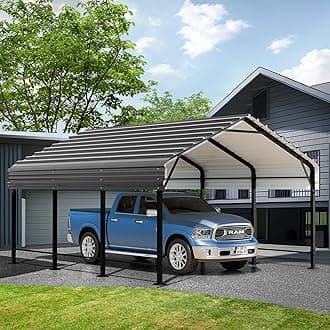 JAMFLY 12X15 FT Heavy Duty Carport Canopy, Galvanized Steel Roof & Frame Metal Carport, Large Garage for Pickup, Boat, Car & Tractors