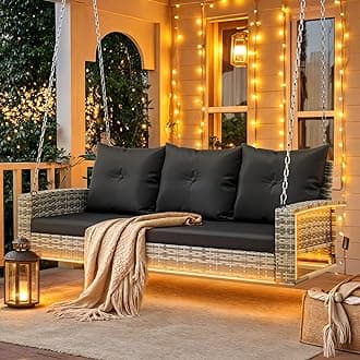 DWVO LED 3-Seat Patio Porch Swing, Outdoor Wicker Hanging Porch Swing Chair Bench Rattan Chair with LED Lights & Soft Cushions for Outside, Garden, Backyard, Lawn, Gray & Black