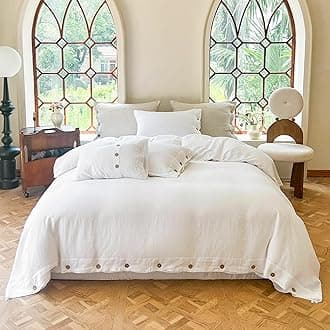 Simple&Opulence 100% Linen Duvet Cover Set 3pcs with Coconut Button Closure Natural French Washed Flax Solid Color Soft Breathable Farmhouse Bedding - White, King Size