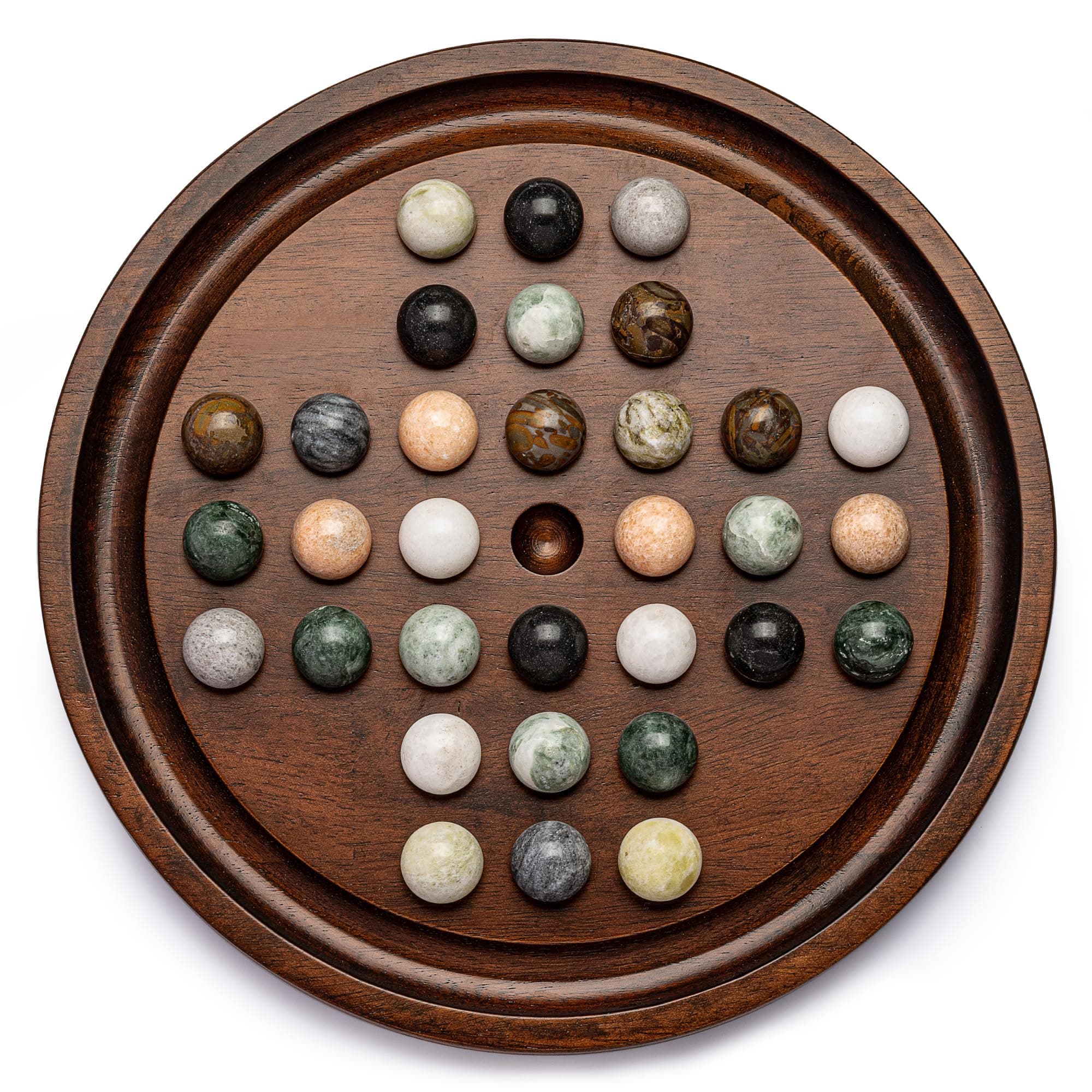 Deluxe Solitaire Game Set: 12.6'' Solid Wooden Board, 32 Natural Marble Balls, Single-Player Strategy and Smart Games
