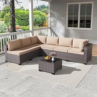 Kullavik7 Pieces Outdoor Patio Furniture Set,PE Wicker Rattan Sectional Sofa Patio Conversation Sets with Tempered Glass Table,Sand