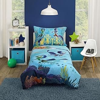 Disney Luca Sea Monsters are Real Ocean Blue, Aqua, Orange and Green 4 Piece Toddler Bed Set - Comforter, Fitted Bottom Sheet, Flat Top Sheet, and Reversible Pillowcase