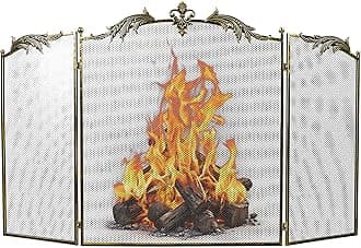 WICHEMI Fireplace Screen 3 Panel Folding Fireplace Screens 50.4 x 32.3 Inch Metal Furnace Fireguards Mesh Cover Baby Safe Proof Fence Spark Guard Cover Wrought Iron Fire Place Standing Gate (Style 2)