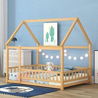 Bellemave Full Size House Bed for Kids,Solid Wood Floor Bed, Montessori Floor Bed with Fence and Roof,Playhouse Full Bed Frame for Girls,Boys(Full,Natural)