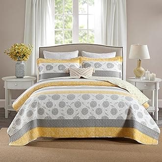 Homzard Quilt Queen Size-Comforter Queen Bedding Set,Yellow Gray White All Cotton Quilted Bedspread, Striped Floral Pattern Quilt Set,Lightweight Paisley 3 Piece,All Seasons