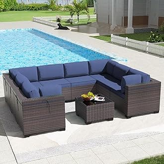 Kullavik 9 Pieces Outdoor Patio Furniture Set PE Wicker Rattan Sectional Sofa Patio Conversation Sets,Navy Blue