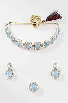 Turquoise Blue Cat Eye Austrain Diamonds & Stones Choker Necklace Earring & Ring Set For Women-ZPFK16628
