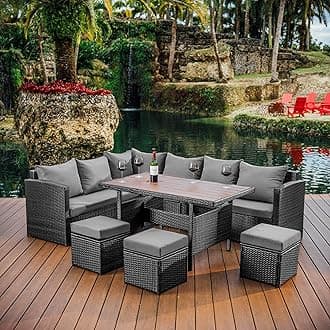 Nestl Outdoor Dining Set - 7 Piece Wicker Patio Set with Outdoor Dining Table, Outdoor Sectional Sofa and 3 Ottomans, Outdoor Patio Furniture Table and Chairs Set (Grey/Grey)