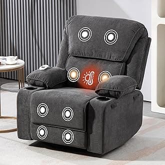Recliner Chair with Massage& Heat Extended Footrest Armchair Padded Seat Manual Adjustable Legrest and Backrest with Cup Holders for Living Room Bedroom Home Cafe 360° Swivel, Rocking Function