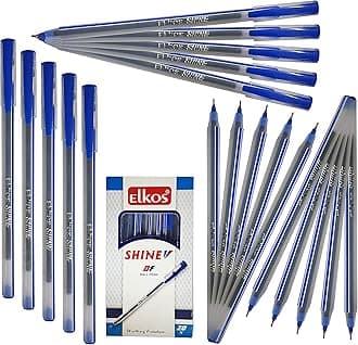 ELKOS BLUE Ballpoint Pens, 0.7mm Fine Point, Pack of 20, Shine DF Ball Pens, Smooth Writing, School Office Home Everyday Pens, ZOFAX Black Ball Pen