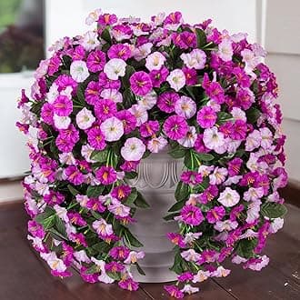 Artificial Fake Hanging Flowers Plants for Outdoor Outside, 2PCS Faux Silk Morning Glory Trailing Vines UV Resistant Look Real for Home Planter Porch Patio (Light Fuchsia+Fuchsia)