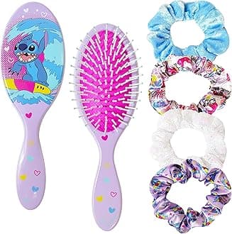 LUV HER Lilo & Stitch Hair Accessory 5 Pcs Set - 1 Regular 9 inch Stitch Hairbrush & 4 Scrunchies - Detangling Brush - Elastic Hair Ties Ropes for Girls, Ages 3+