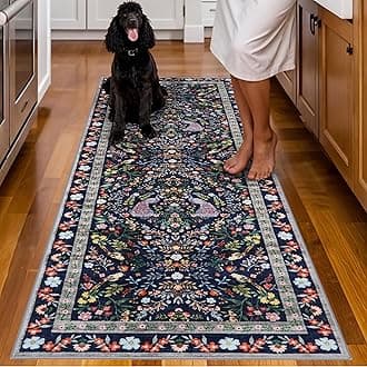 2x6 Hallway Floral Rug Runner: Washable Non Slip Low Pile Area Rug for Kitchen Soft Water Resistant Carpet for Bathroom Laudry Light Weight Durable Floor Mat for Bedroom Nursery(Blue/Floral,2x6)