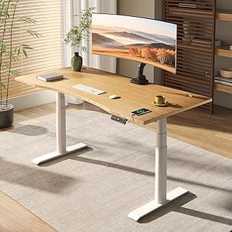 E6 Pro Oval Leg Dual Motor 3 Stages Bamboo Electric Standing Desk 48x24 Inch Whole-Piece Board Height Adjustable Electric Sit Stand Up Desk (White Frame + Bamboo Curved Desktop)